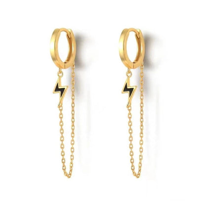Gold Silver Color Plated Double Hole Link Chain Circle Hoop Earrings Zircon Star Lightning Eye Pendant Huggie Piercing Earring