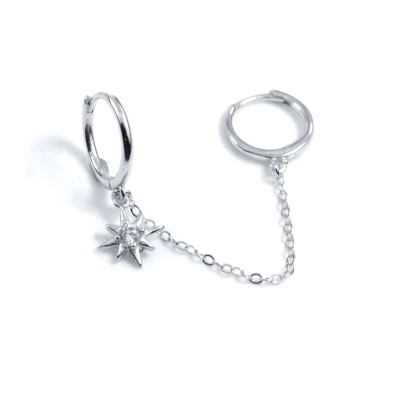 Gold Silver Color Plated Double Hole Link Chain Circle Hoop Earrings Zircon Star Lightning Eye Pendant Huggie Piercing Earring