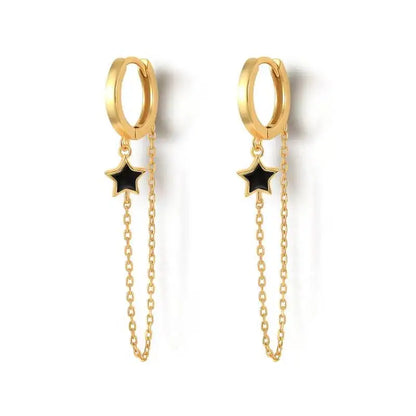Gold Silver Color Plated Double Hole Link Chain Circle Hoop Earrings Zircon Star Lightning Eye Pendant Huggie Piercing Earring
