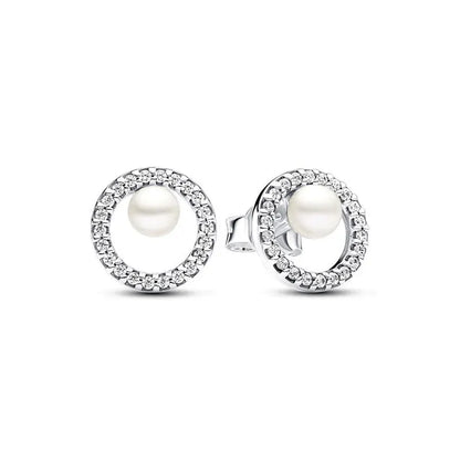 New 925 Silver Earring Shaped Circle Pearls Drop Earring Sparkling Bow Stud Earrings PandKK Original For Women Gift Fine Jewelry