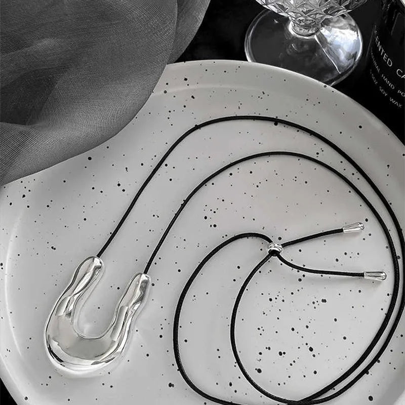Punk Large U-Shape Geometric Pendant Necklace Women MenHorseshoe Adjustable Long Leather Rope Sweater Chain Necklaces Jewelry