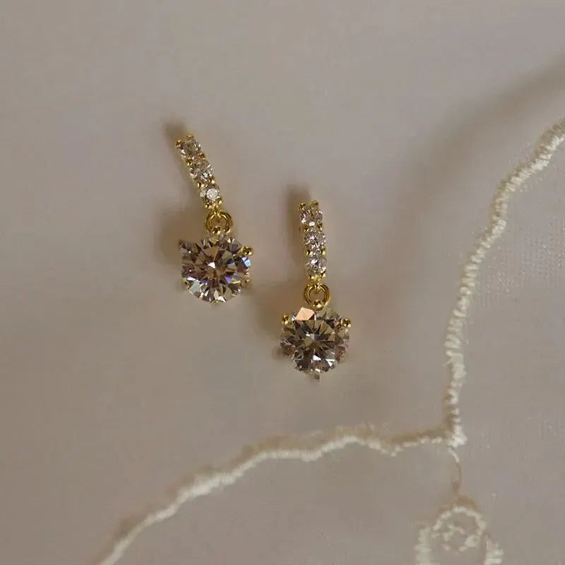 Gold Color Metal Bar Round Cubic Zirconia Stone Earrings Stud For Women Bowknot Shape CZ Post Earring Classic Sparkling Earring