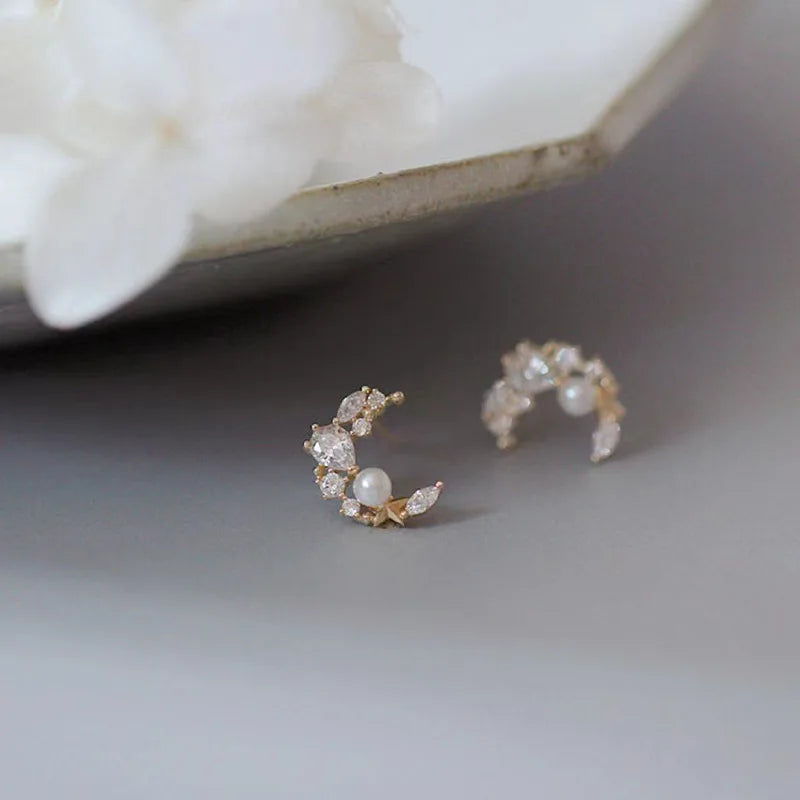 Tibetan Silver Korea Exquisite Curved Shiny Zircon Wheat Stud Earrings for Women Sweet Romantic Wedding Pendiente Plata Jewelry