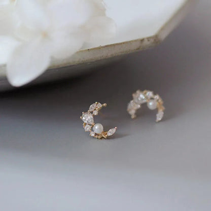 Tibetan Silver Korea Exquisite Curved Shiny Zircon Wheat Stud Earrings for Women Sweet Romantic Wedding Pendiente Plata Jewelry