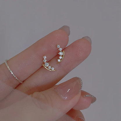 Tibetan Silver Korea Exquisite Curved Shiny Zircon Wheat Stud Earrings for Women Sweet Romantic Wedding Pendiente Plata Jewelry