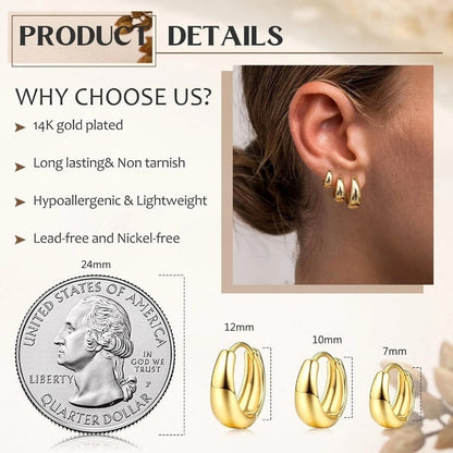 3Pairs Hoop Earrings Set for Women Gold Silver Plated Earring Hypoallergenic Small Huggie Hoops Lightweight Hoop Earrings Stack