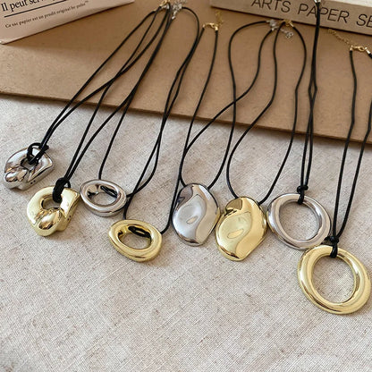 Punk Large U-Shape Geometric Pendant Necklace Women MenHorseshoe Adjustable Long Leather Rope Sweater Chain Necklaces Jewelry