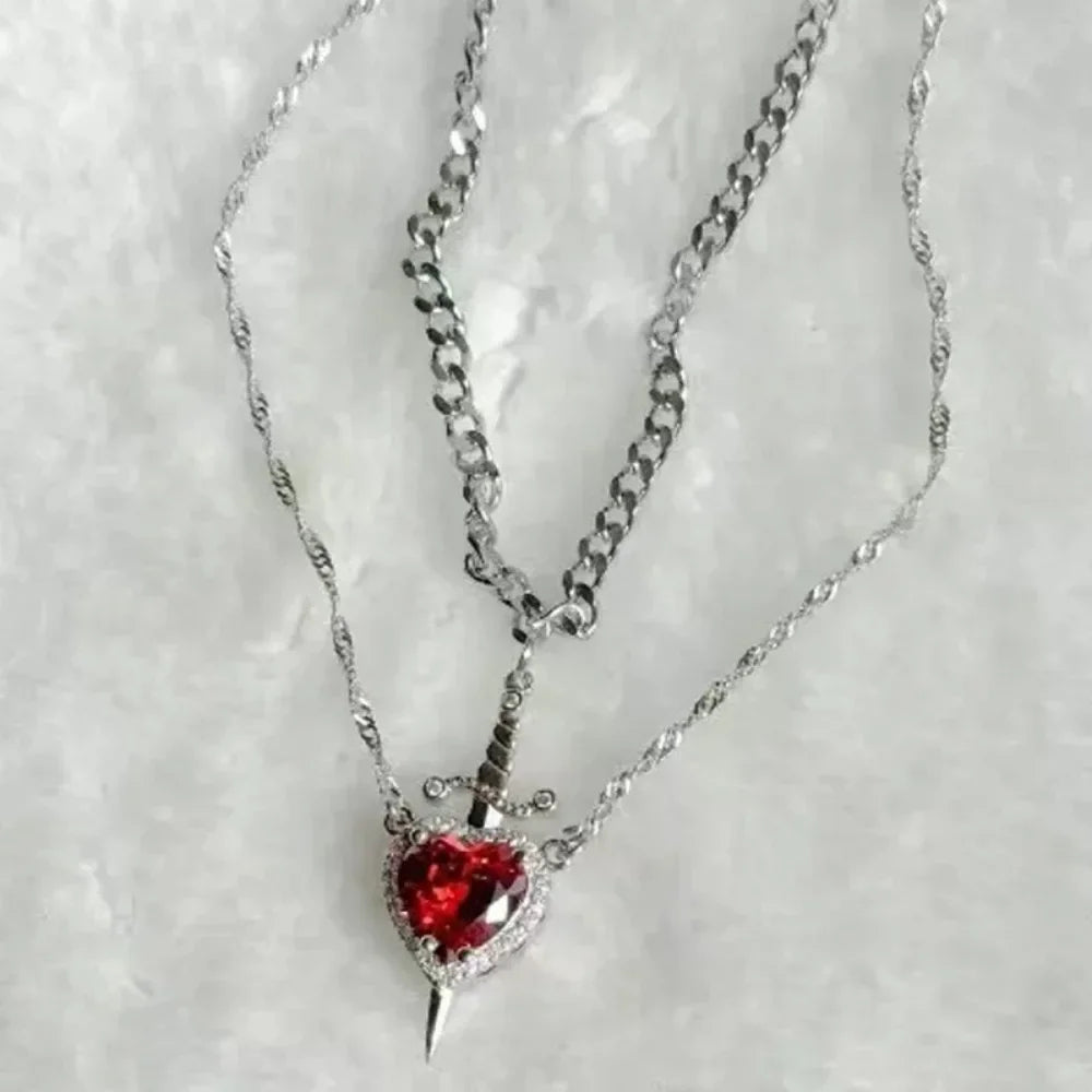 Heart and Sword Necklace - Couple Necklaces - 18k Gold Plated STAINLESS STEEL Zircon Crystal Ring Bracelet Necklace Jewelry Set