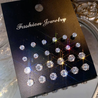 Maximum 36 Pairs Shiny Zircon Stud Earrings Set for Women Men Daily Versatile Chic Silver Color Crystal Ear Jewelry Accessories