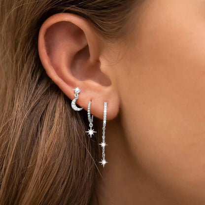 New Design Stainless Steel Cubic Zirconia Chain Hoop Earring For Women Star Moon Pendant Cartilage Earring Piercing Jewelry