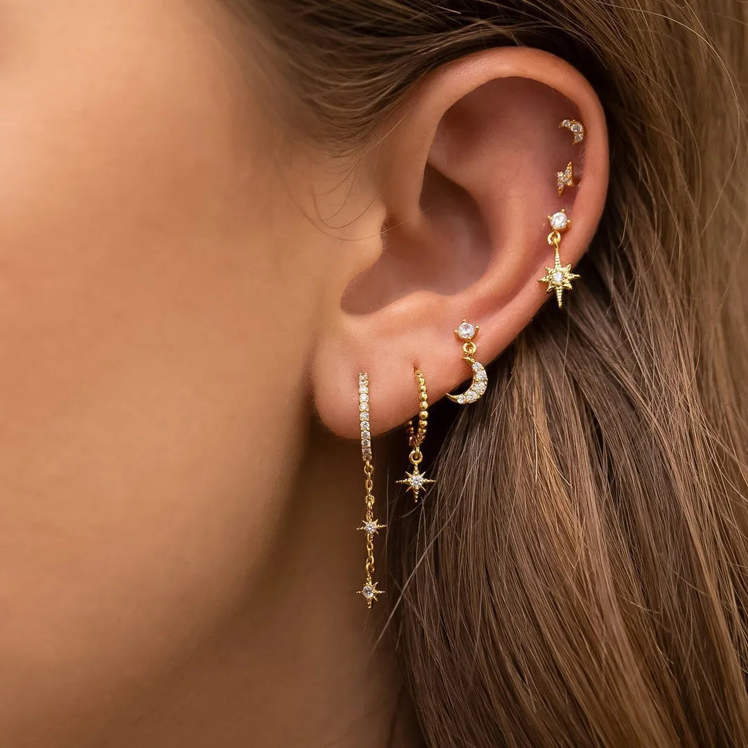 New Design Stainless Steel Cubic Zirconia Chain Hoop Earring For Women Star Moon Pendant Cartilage Earring Piercing Jewelry