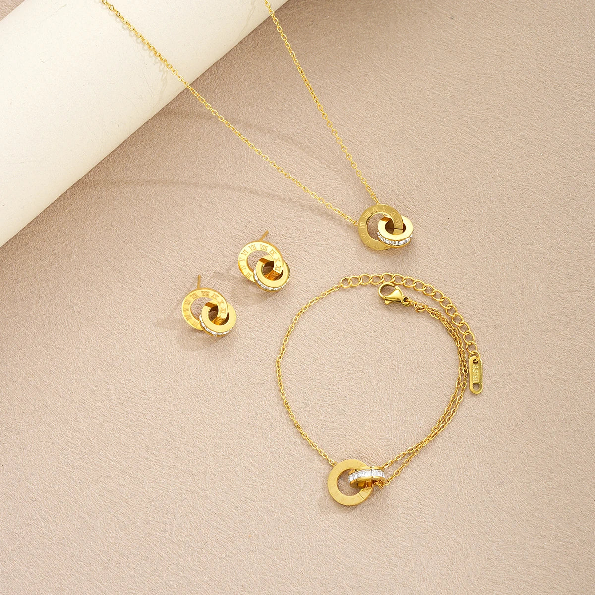 Four Piece Stainless Steel Crystal Necklace, Bracelet & Earrings Set