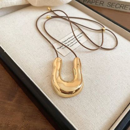 Punk Large U-Shape Geometric Pendant Necklace Women MenHorseshoe Adjustable Long Leather Rope Sweater Chain Necklaces Jewelry