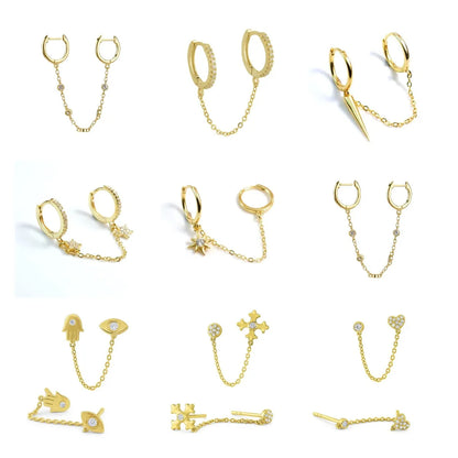 Gold Silver Color Plated Double Hole Link Chain Circle Hoop Earrings Zircon Star Lightning Eye Pendant Huggie Piercing Earring