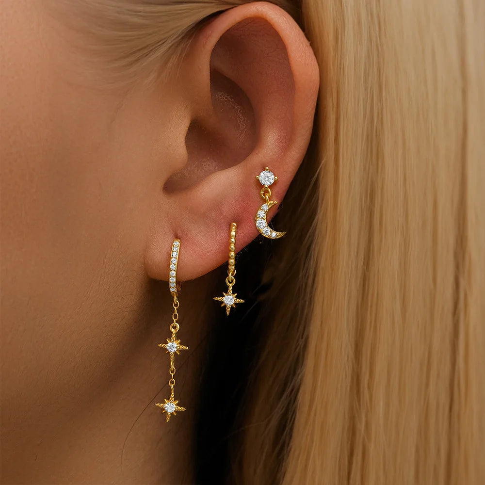 New Design Stainless Steel Cubic Zirconia Chain Hoop Earring For Women Star Moon Pendant Cartilage Earring Piercing Jewelry