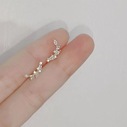 Tibetan Silver Korea Exquisite Curved Shiny Zircon Wheat Stud Earrings for Women Sweet Romantic Wedding Pendiente Plata Jewelry