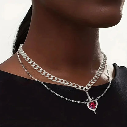 Heart and Sword Necklace - Couple Necklaces - 18k Gold Plated STAINLESS STEEL Zircon Crystal Ring Bracelet Necklace Jewelry Set