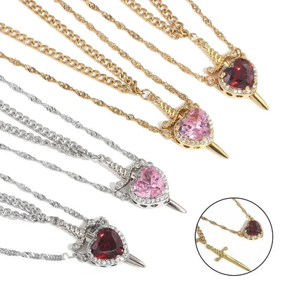 Heart and Sword Necklace - Couple Necklaces - 18k Gold Plated STAINLESS STEEL Zircon Crystal Ring Bracelet Necklace Jewelry Set