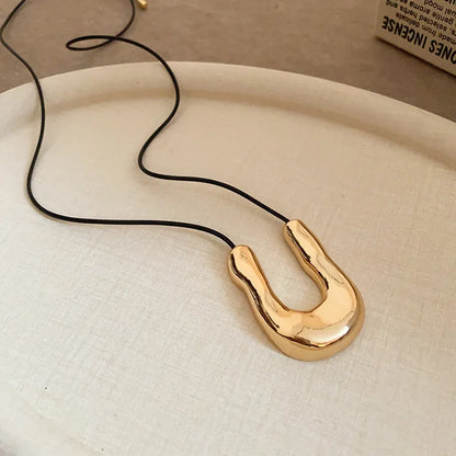 Punk Large U-Shape Geometric Pendant Necklace Women MenHorseshoe Adjustable Long Leather Rope Sweater Chain Necklaces Jewelry
