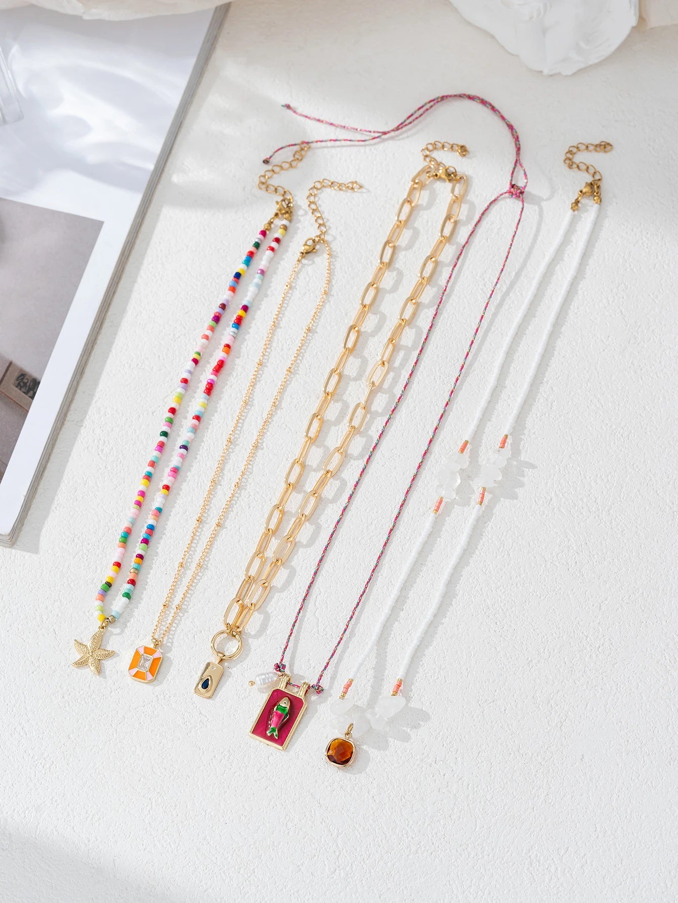 5PCS Charm Bohemian Sea Star Pendant Irregular Gravel Beads Clavicle Chain Women's Necklace Holiday Jewelry Accessories