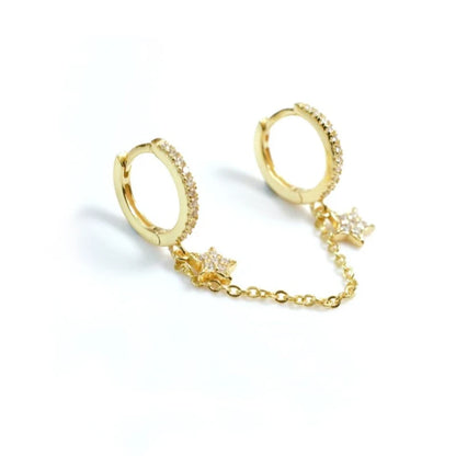 Gold Silver Color Plated Double Hole Link Chain Circle Hoop Earrings Zircon Star Lightning Eye Pendant Huggie Piercing Earring